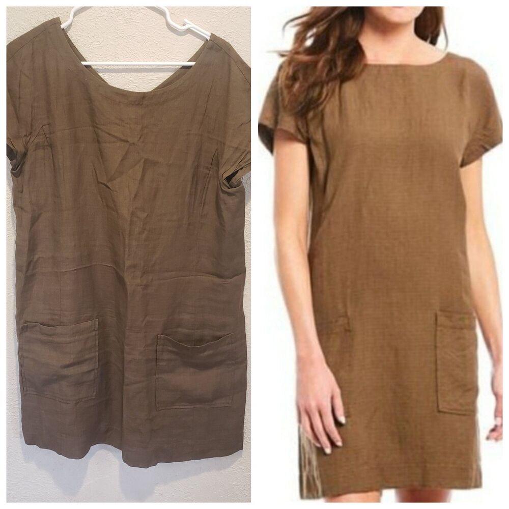 Eileen Fisher Linen Tencel Blend Short Sleeve Pocket Dress Medium Brown Zip